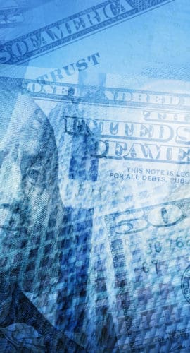 Money, finance, business concept background. USD dollar bills, skyscrapers.